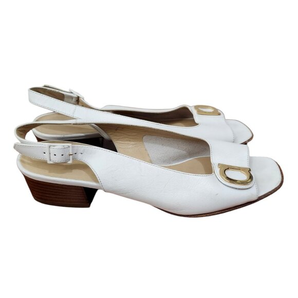 Salvatore Ferragamo White Leather Logo Accent Peep Toe Low Heel Slingbacks 7B - Picture 6 of 13
